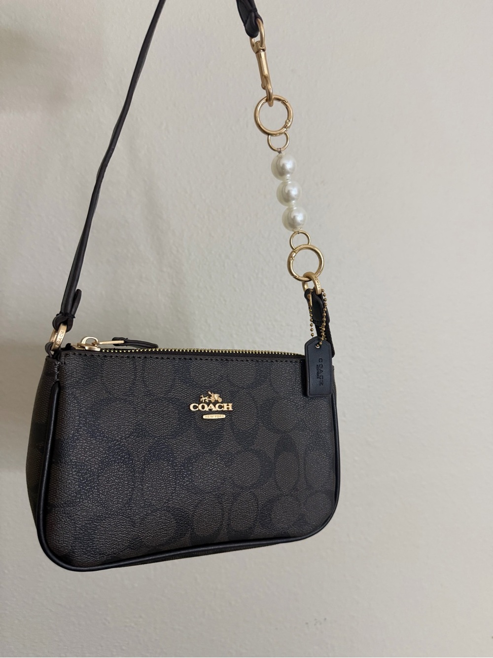 Coach Black Signature Canvas Crossbody with Pearl Accent